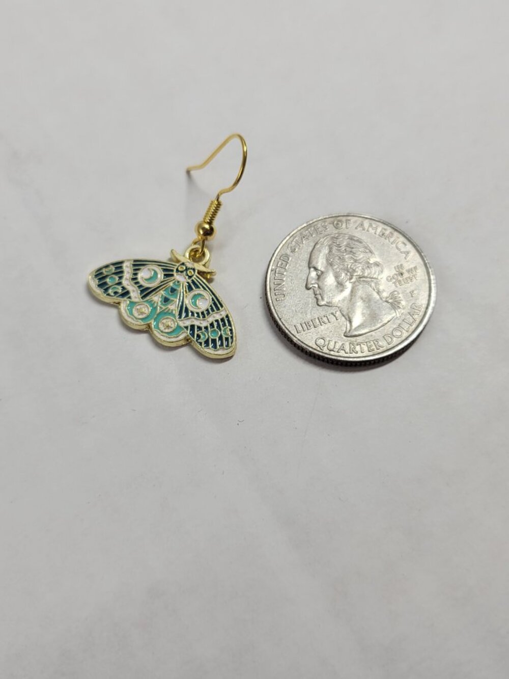 Gold Enamel Moth Dangle Earrings Celestial Crescent Moon Phase Celestial E160E - Picture 4 of 4